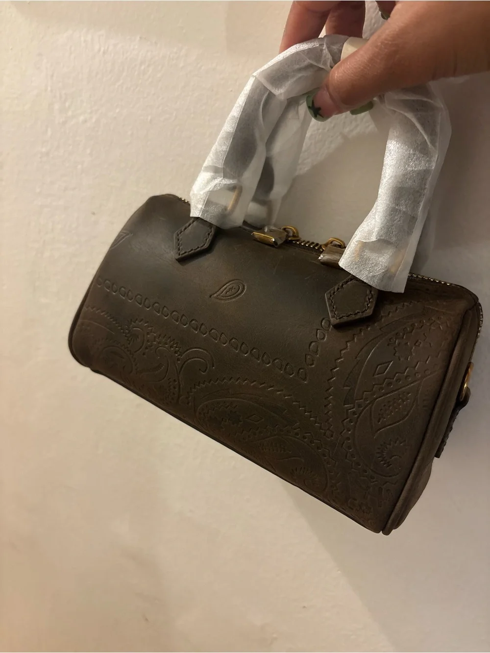 Embossed Brown Leather Satchel Bag